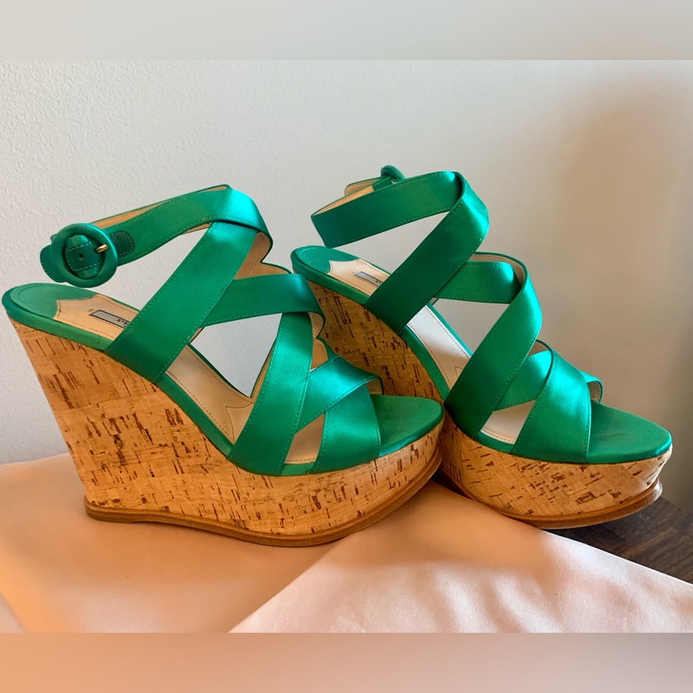 Prada Assenzio (absinthe/emerald green), 40/Size 9, criss cross cork wedge - Picture 3 of 15
